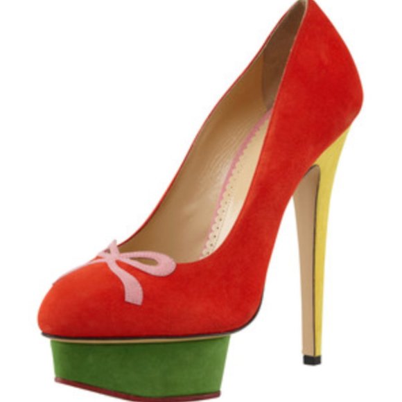 Charlotte Olympia Arabella Color-Block Suede Bow-Toe Pump Heels Red Yellow Sz 37 - Picture 2 of 15
